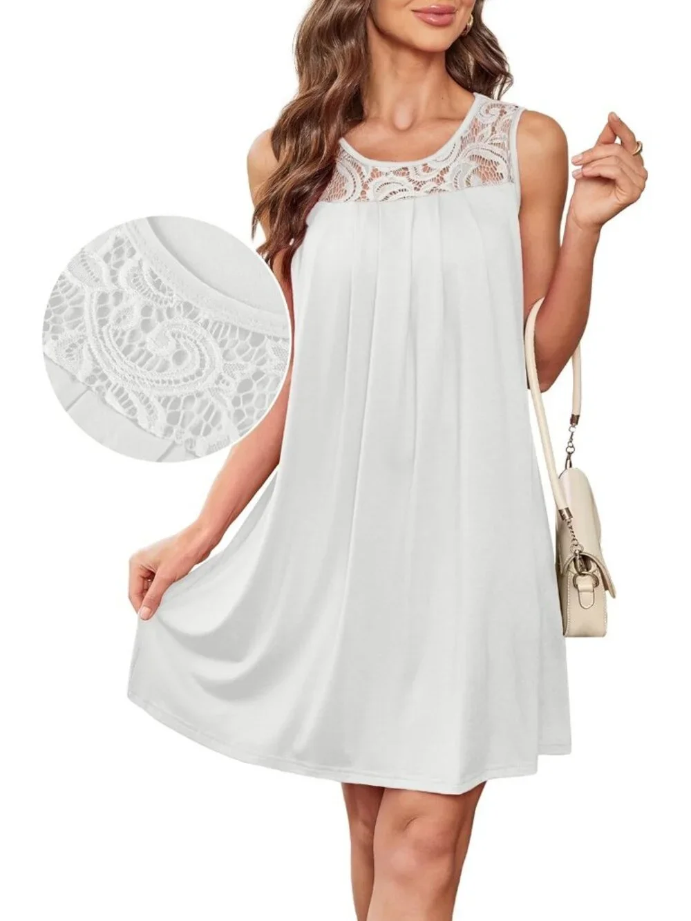 Women's White Beach Cover Up Sleeveless Summer Lace Crewneck Sundress Mini Dress - Picture 3 of 5